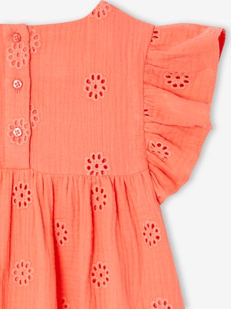 Embroidered Cotton Gauze Blouse for Girls coral+white - vertbaudet enfant 