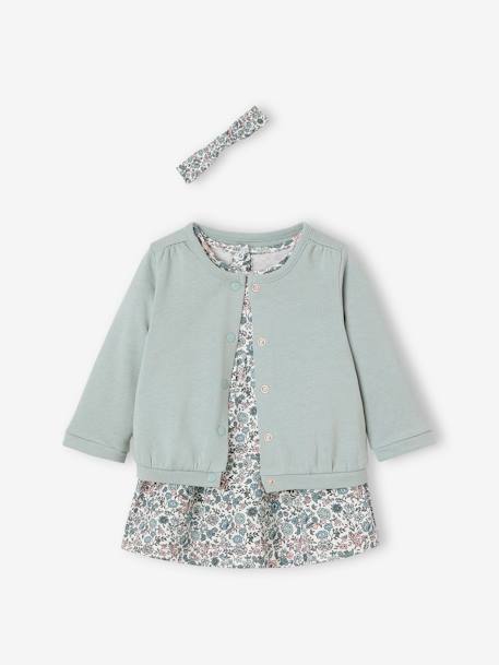 Ensemble bébé fille 3 pièces robe cardigan bandeau bleu grisé+corail+vieux rose - vertbaudet enfant 