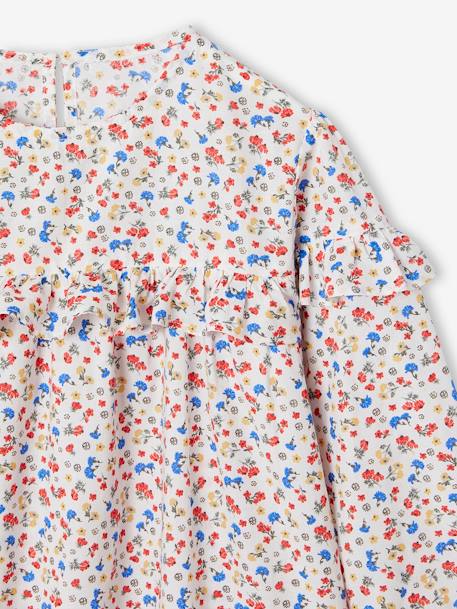 Floral print frill blouse for girls ecru+navy blue+printed white - vertbaudet enfant 