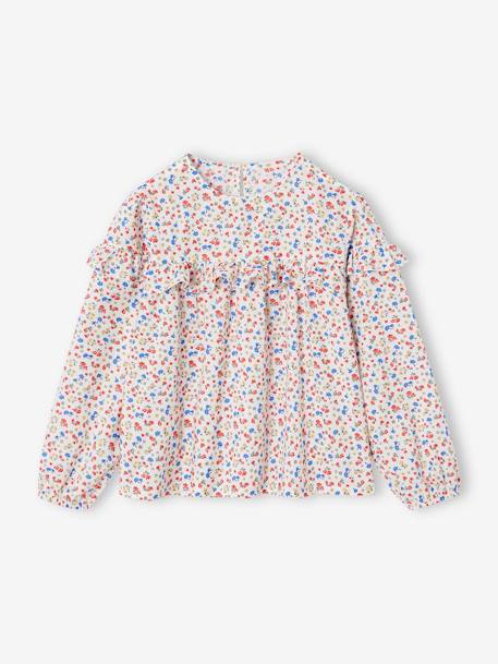 Floral print frill blouse for girls ecru+navy blue+printed white - vertbaudet enfant 