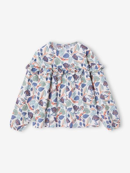 Floral print frill blouse for girls ecru+navy blue+printed white - vertbaudet enfant 