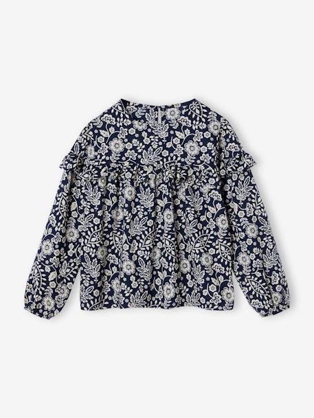 Floral print frill blouse for girls ecru+navy blue+printed white - vertbaudet enfant 