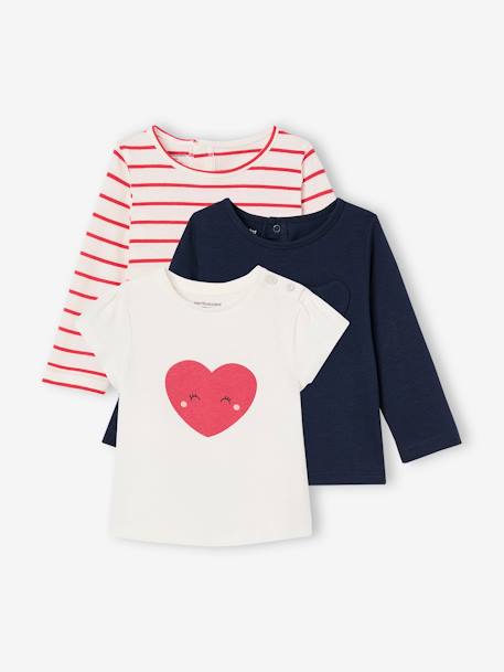 Pack of 3 long-sleeved t-shirts for girls - BASICS ecru+striped red - vertbaudet enfant 