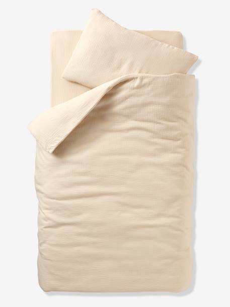 Parure bébé housse de couette + taie d'oreiller unie en gaze de coton Bio* ocre+vanille+vert sauge - vertbaudet enfant 