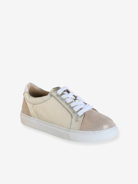 Leather Lace-Up Trainers for Children gold+printed beige - vertbaudet enfant 