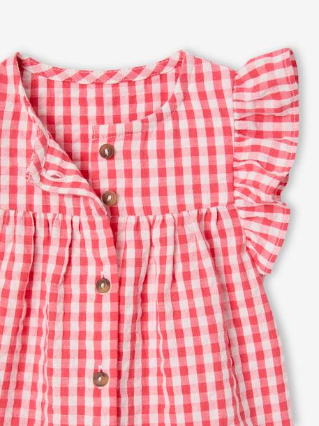 Short Sleeve Gingham Blouse with Frill in Seersucker for Babies chequered red - vertbaudet enfant 