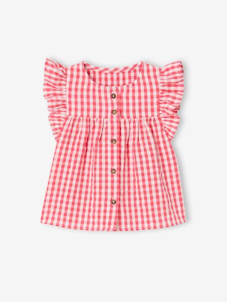Short Sleeve Gingham Blouse with Frill in Seersucker for Babies chequered red - vertbaudet enfant 