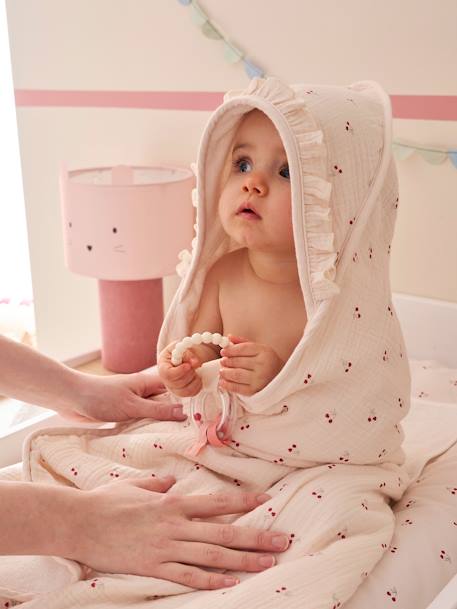 Hooded towel + washcloth CHERRY printed beige - vertbaudet enfant 