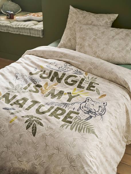 Parure housse de couette + taie oreiller enfant GREEN JUNGLE, avec coton recyclé vert imprimé - vertbaudet enfant 