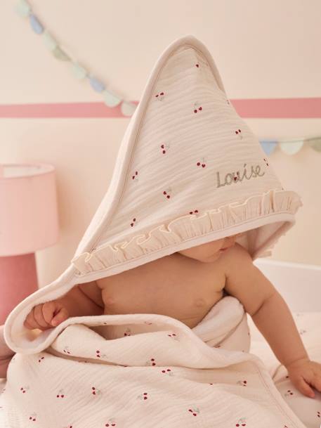 Hooded towel + washcloth CHERRY printed beige - vertbaudet enfant 