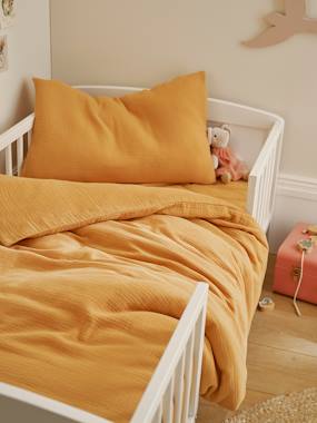 -Parure bébé housse de couette + taie d'oreiller unie en gaze de coton Bio*