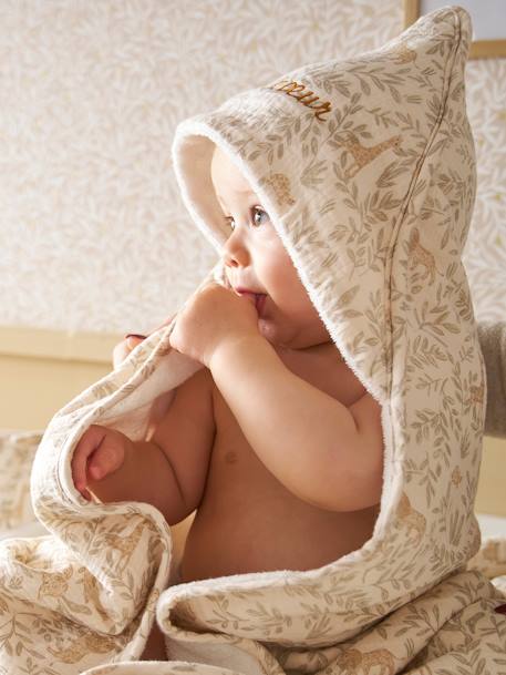 Cape de bain gaze de coton personnalisable + gant de toilette BABYLON beige imprimé - vertbaudet enfant 