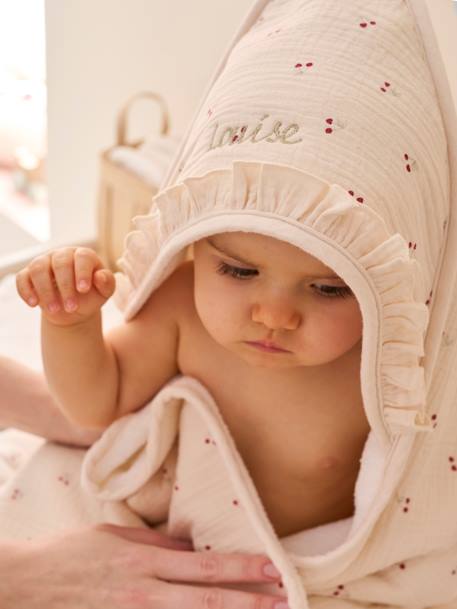 Cape de bain gaze de coton personnalisable + gant de toilette CHERRY beige imprimé - vertbaudet enfant 
