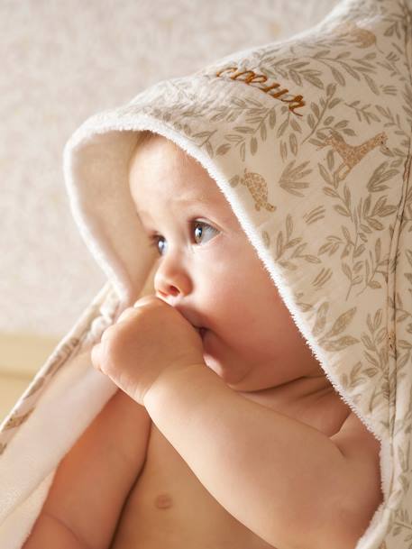 BABYLON hooded towel with cotton gauze + mitt printed beige - vertbaudet enfant 