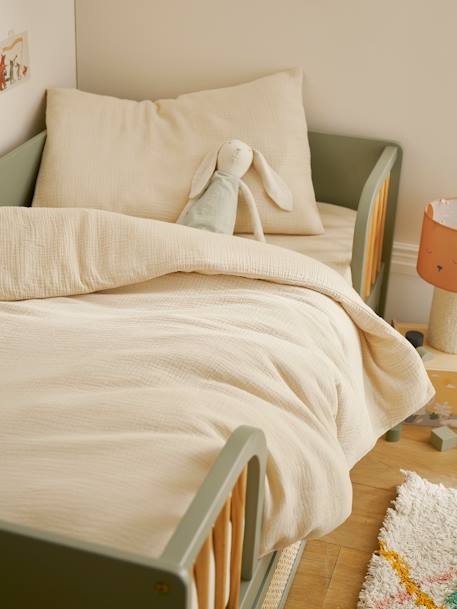 Parure bébé housse de couette + taie d'oreiller unie en gaze de coton Bio* ocre+vanille+vert sauge - vertbaudet enfant 