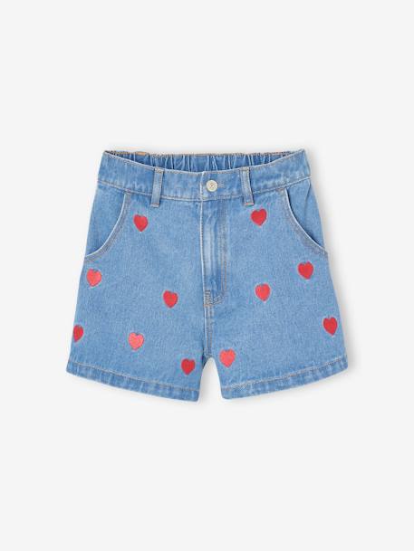 Girls' denim shorts with heart motifs medium blue - vertbaudet enfant 
