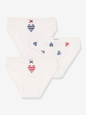 Girls-Underwear-Knickers-Pack of 3 Cotton Briefs with Heart, for Kids, PETIT BATEAU