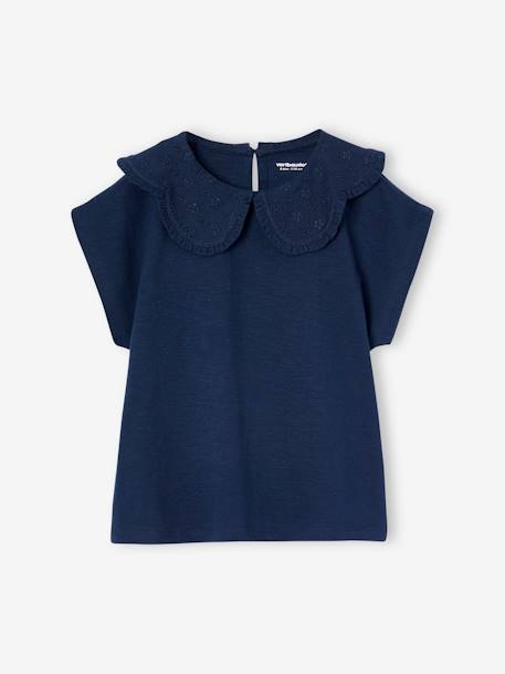 T-shirt fille col brodé fantaisie corail+écru+marine - vertbaudet enfant 