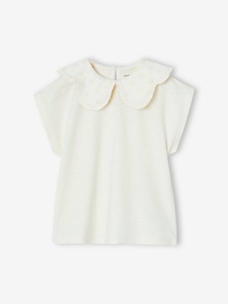 Girls' fancy embroidered collar T-shirt coral+ecru - vertbaudet enfant 