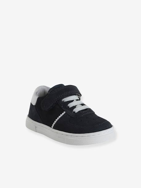 Leather Trainers with Laces and Hook-&-Loop Strap, for Babies navy blue - vertbaudet enfant 
