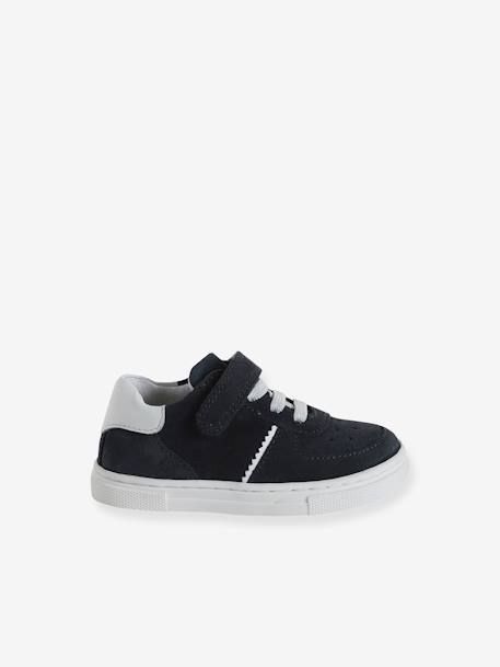 Leather Trainers with Laces and Hook-&-Loop Strap, for Babies navy blue - vertbaudet enfant 