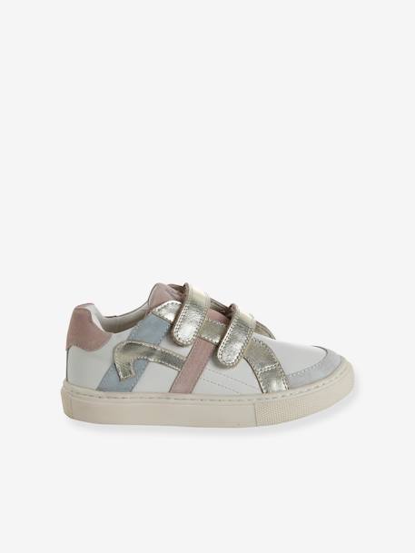 Baskets enfant fille cuir à scratchs blanc imprimé+écru - vertbaudet enfant 