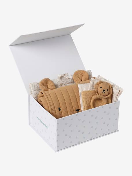 Coffret cadeau naissance 8 pièces : 1 hochet, 1 tapis à langer nomade, 5 lingettes, 1 pochette blanc imprimé+ocre+vert imprimé - vertbaudet enfant 