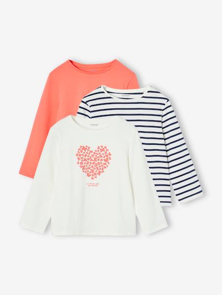 Lot de 3 t-shirts fille fantaisie manches longues anthracite+bleu grisé+corail+indigo+rose - vertbaudet enfant 