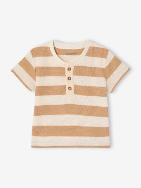 Honeycomb Knit Striped T-Shirt for Babies cappuccino+tomato red - vertbaudet enfant 