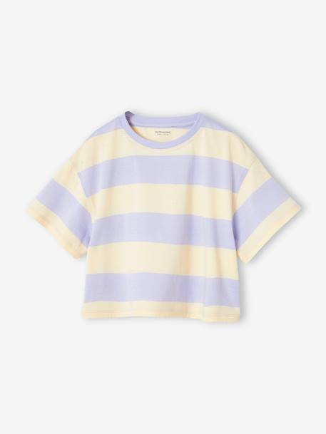 Cropped short-sleeved T-shirt for girls beige+ecru+rosy+striped violet - vertbaudet enfant 