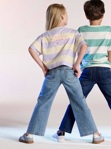 Cropped short-sleeved T-shirt for girls beige+ecru+rosy+striped violet - vertbaudet enfant 