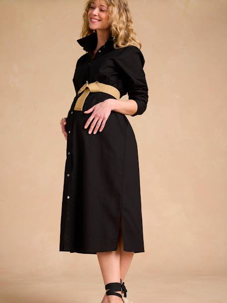 Robe chemise longue en lin mélangé grossesse et allaitement coton effet lin noir+rayé bleu - vertbaudet enfant 