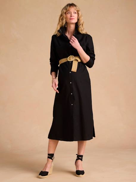 Robe chemise longue en lin mélangé grossesse et allaitement coton effet lin noir+rayé bleu - vertbaudet enfant 