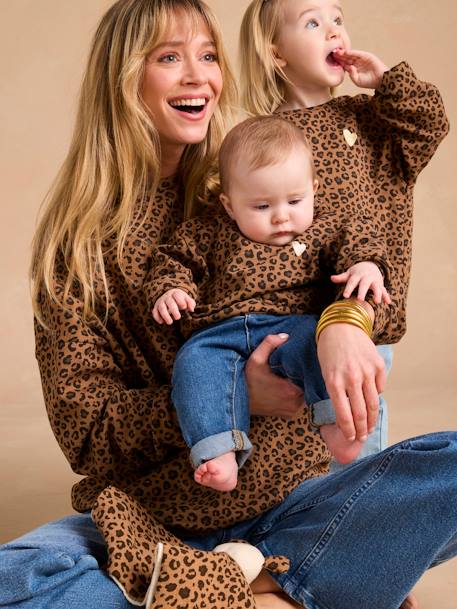 Sweat fille léopard coeur doré capsule famille beige+gris foncé - vertbaudet enfant 