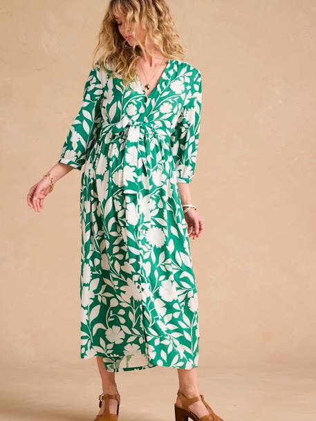 Long Floral Print Dress for Maternity & Nursing by ENVIE DE FRAISE - green,  Maternity
