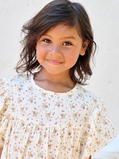 Robe fille en gaze de coton imprimée beige+beige imprimé+rose+rose pâle+vanille - vertbaudet enfant 