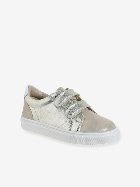 Leather Hook-&-Loop Trainers for Children, Designed for Autonomy gold+printed beige - vertbaudet enfant 