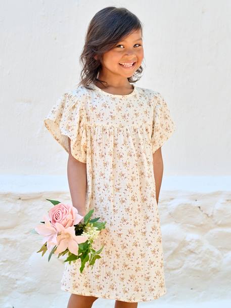 Robe fille en gaze de coton imprimée beige+beige imprimé+rose+rose pâle+vanille - vertbaudet enfant 