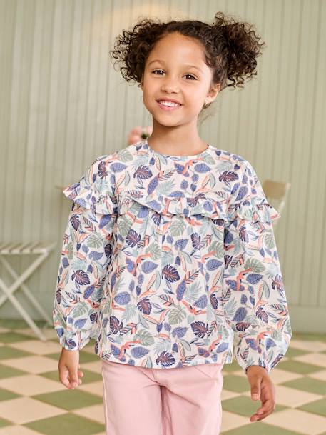 Floral print frill blouse for girls ecru+navy blue+printed white - vertbaudet enfant 
