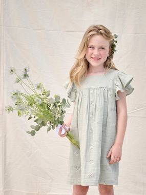 -Robe fille gaze de coton brodée fleurs