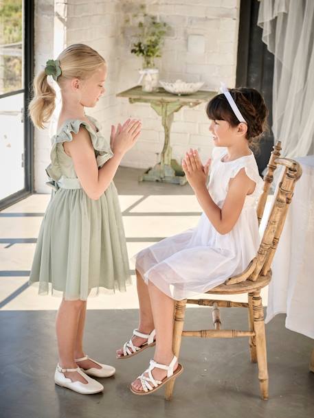Robe cérémonie fille satin de coton à volants blanc+écru+rose pâle+vert sauge - vertbaudet enfant 