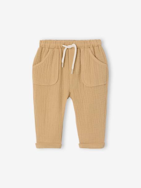 Cotton Gauze Trousers for Babies cappuccino+fir green - vertbaudet enfant 