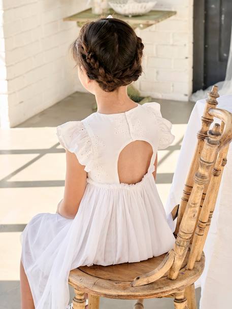 Dual Fabric Occasion Wear Dress in Broderie Anglaise & Tulle, for Girls white - vertbaudet enfant 