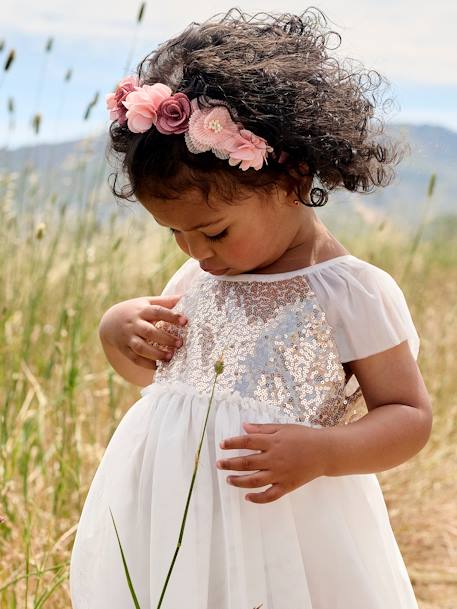 Short Sleeve Dress with Button-Up & Sequins at the Back white - vertbaudet enfant 