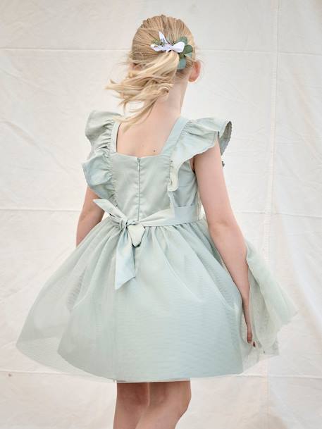 Robe cérémonie fille satin de coton à volants blanc+écru+rose pâle+vert sauge - vertbaudet enfant 