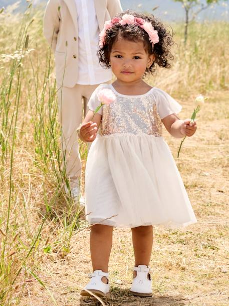 Robe manches courtes boutonnée dos à sequins blanc - vertbaudet enfant 