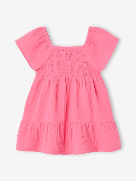 Smocked Dress in Cotton Gauze for Babies rosy apricot+sweet pink - vertbaudet enfant 