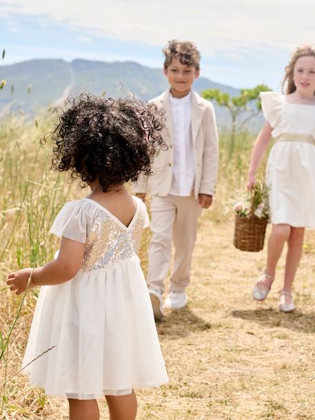 Short Sleeve Dress with Button-Up & Sequins at the Back white - vertbaudet enfant 