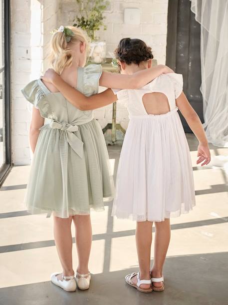 Robe cérémonie fille satin de coton à volants blanc+écru+rose pâle+vert sauge - vertbaudet enfant 