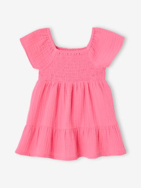 Smocked Dress in Cotton Gauze for Babies rosy apricot+sweet pink - vertbaudet enfant 